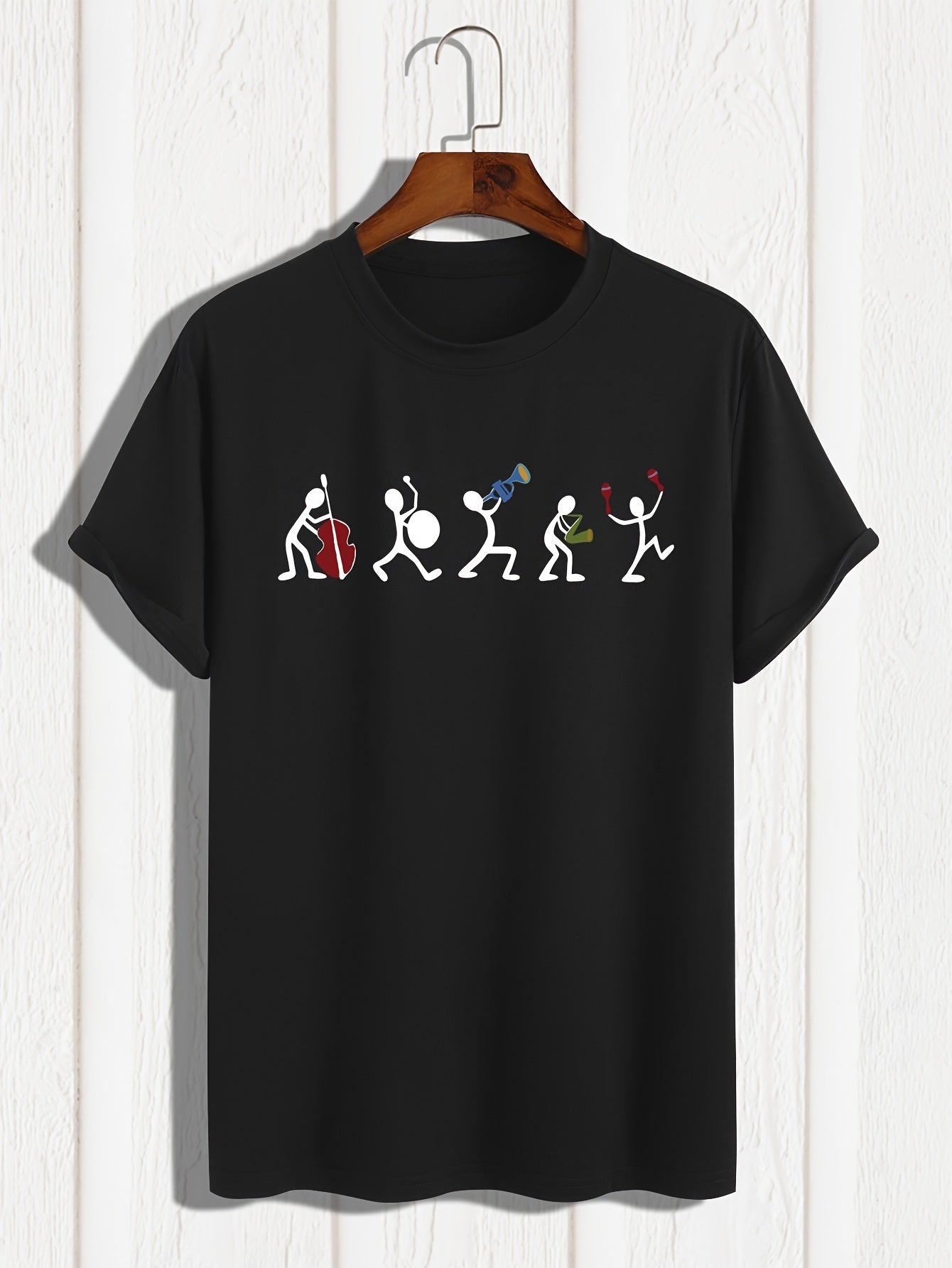 Men's Music Player Printed Short Sleeved T-shirt, Comfortable And Casual Elastic Round Neck Top, Men's Clothing
